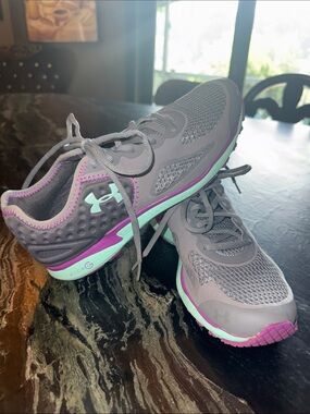 Under Armour Micro G Mantis Women’s Gray Running Shoes with Mint & Purple